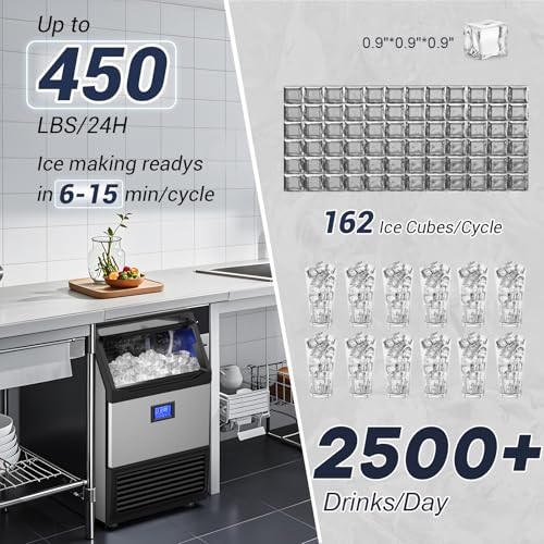 450Lbs 24H Under Counter Commercial Ice Machine with 160LBS Large Storage Bin (450LBS/DAY-Stainless Steel)