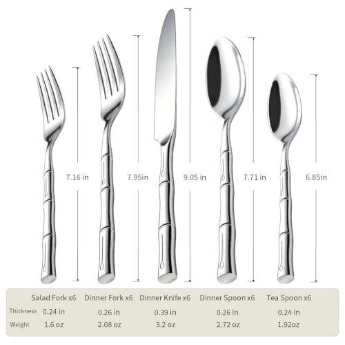 Silverware Set Stainless Steel Flatware Set 30 Pieces Cutlery Set Bamboo Handle Mirror Finished for Home Kitchen Restaurant Hotel Cutlery Set Service for 6 (Silver / 30 pcs)