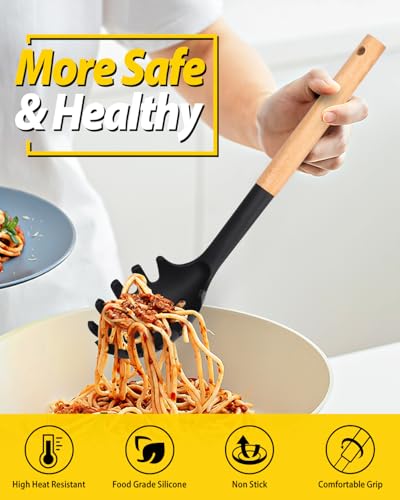 Silicone Soup Ladle and Pasta Spoon Set with Wooden Handle (Black)