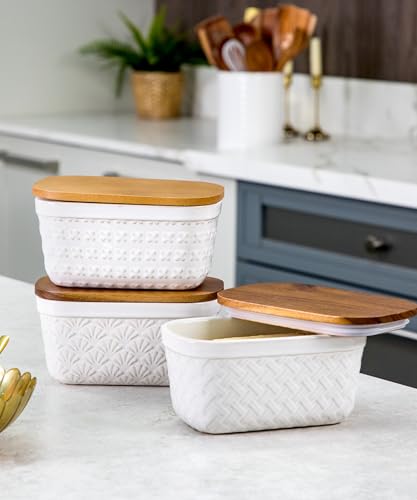 Ceramic Butter Dish with Wood Lid for Countertop (Cross Pattern)