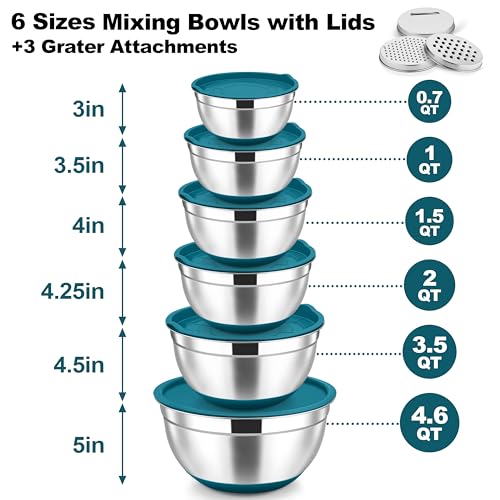 Mixing Bowls Stainless Steel Salad Bowl with Lid & Graters (Blue)