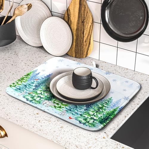 Winter Forest Dish Drying Pad for Kitchen Counter Green 18 X 16 In (Forest Bear Bird / 18" x 16")