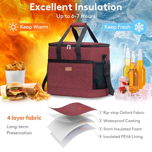 Cooler Bag 60 Cans Collapsible and Insulated Large Lunch Bag Leakproof Soft Cooler Portable for Camping (60-Can(40L) / Burgendy)