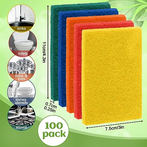 100 Pcs Heavy Duty Scouring Pads Bulk for Kitchen Dish (Multicolor)