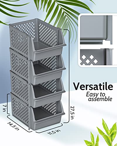 Stackable Storage Bins Open Front for Pantry Storage (4 Pack / Gray)
