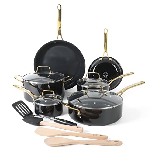 Lockton 14 Piece Premium Non (Black w/ Gold Handles (Ceramic Nonstick Cookware) / 14-Piece Cookware Set)