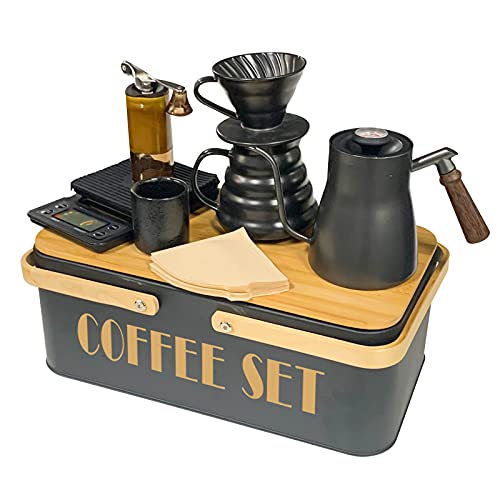 Pour Over Coffee Maker Set Coffee Kettle Scale Ceramic Server Ceramic Dripping Cup Bean Grinder Filter Paper Ceramic Cup ALL in 1 Portable Metal Box for Traveling (black)