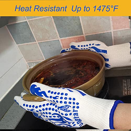 Oven Mitts Heat Resistant BBQ Proof Glove 11Inch 1472℉ Grill Glove Proof Heat for Women Men BBQ Gloves Gift Set Cooking Gloves for Cooking (White Blue)