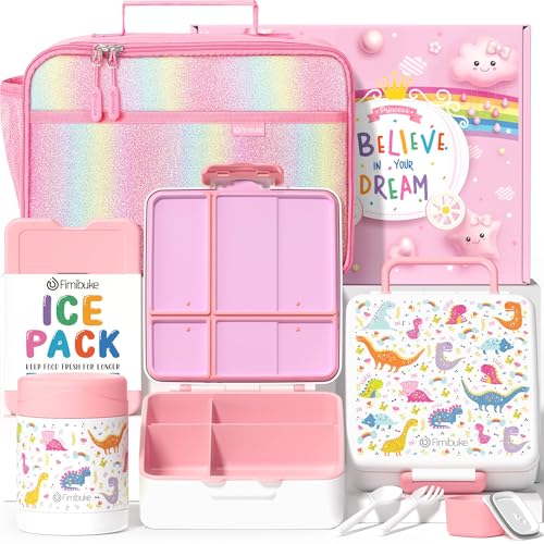 Kids Bento Snack Lunch Box with Thermo Insulated Toddler Lunch Bag (A4.White Dinosaur)