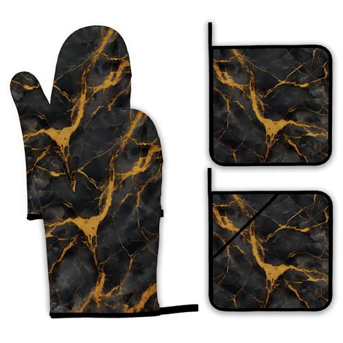 Marble Oven Mitts and Pot Holders Set (Marble Black Gold Marble)