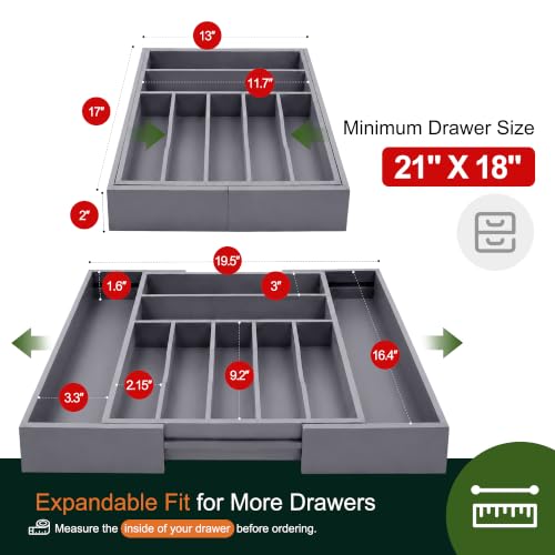 Large Premium Bamboo Silverware Organizer (9 Slots Expandable / Grey)