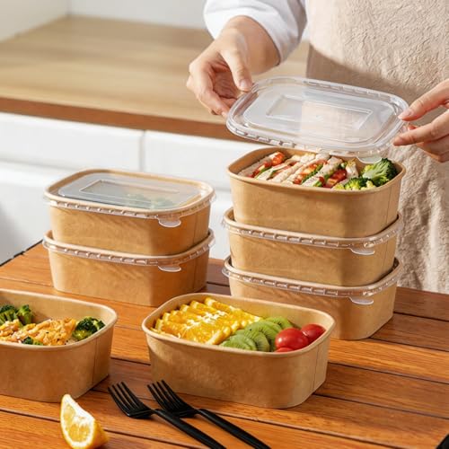 50 Meal Prep Containers Disposable 22oz Food Containers with Lids & Forks (22oz 50 Count / kraft Paper Rectangular)