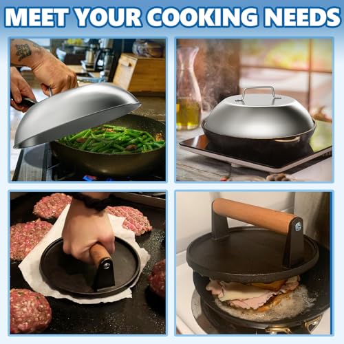 Round Griddle Basting Cover Dome&Cast Iron Burger Press for Flat Top Grills (12In Dome+Round Press)