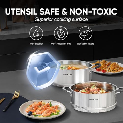 4.6 QT Stainless Steel Steamer Pot for Cooking with Glass Lid (4.6 Quarts)