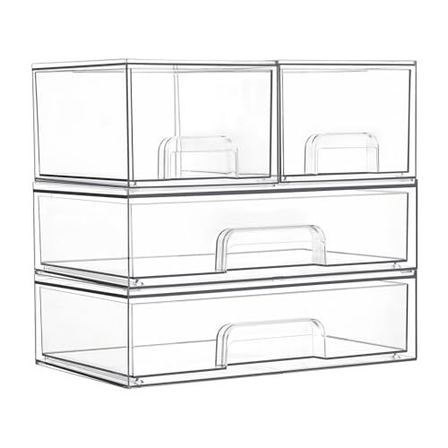 Clear Stackable Storage Drawers Set of 4 (2 Small+2 Wide)