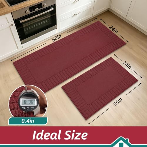Kitchen Rugs Non Slip Washable 2PCS (Burgundy Red / 24"x35"+24"x60" (Rectangular))