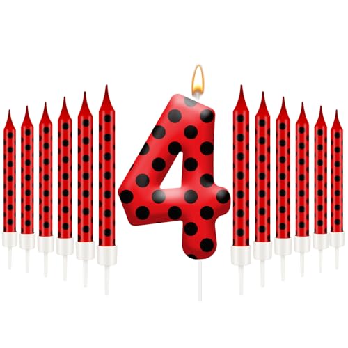 13PCS Ladybug Theme Birthday Candles Set (Red+Black / 4)