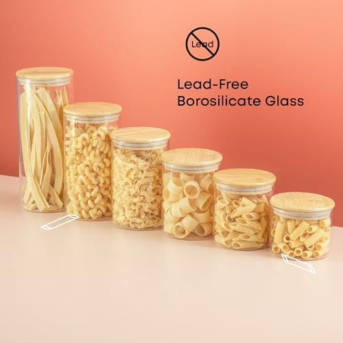 Borosilicate Glass Jars With Bamboo Lids. 6 Pc Set of Air Tight Sealable Containers. Food Jar Canisters with Airtight Lid for Pantry Storage and Kitchen Organization (Bamboo Covers)
