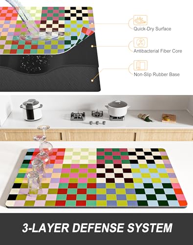Dish Drying Mat for Kitchen Counter (Colorful Chessboard / 15" x 24")