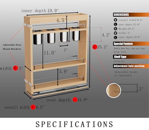 Pull Out Spice Rack Cabinet Organizer (5"W x 21.9"D x 25.2"H / Wood+Stainless Steel)