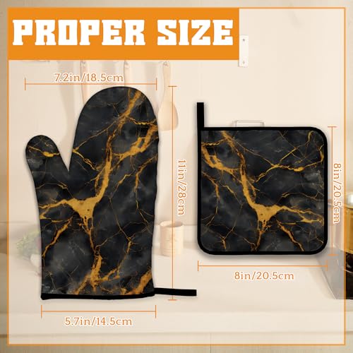 Marble Oven Mitts and Pot Holders Set (Marble Black Gold Marble)