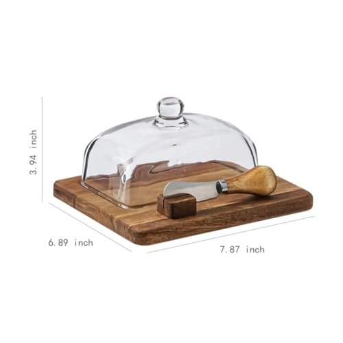 Glass & Acacia Wood Butter Dish with Airtight Glass Lid & Serving Knife (1 knife)
