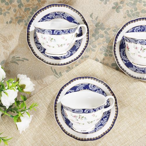 21 Piece Blue Lace and Roses Bone China Tea Sets for Adults (Blue and Roses)