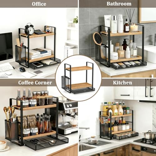 2 Tier Spice Rack Organizer for Countertop with Drawer and Basket (Brown)