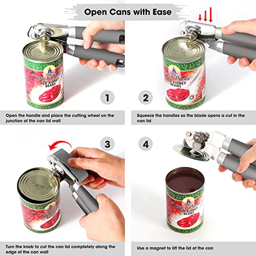 Heavy Duty Hand Can Opener Manual with Magnet Lid Remover (Gray)