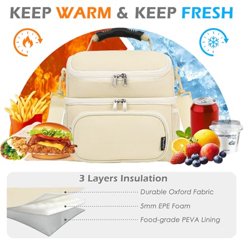 Double Layer Cooler Insulated Lunch Bag Adult Lunch Box Large Tote Bag for Men (Biege)