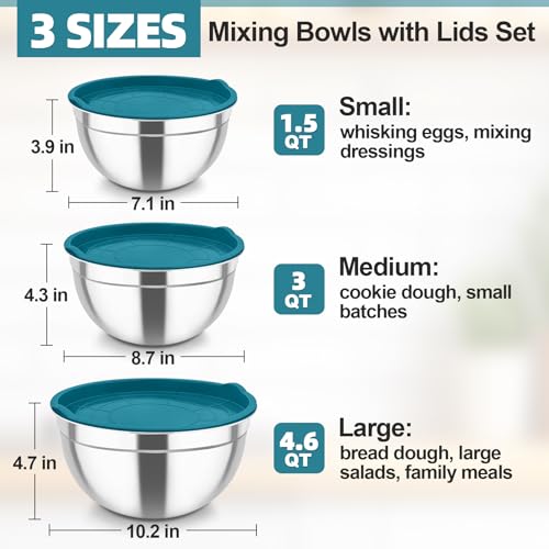 Mixing Bowls Stainless Steel Nesting Salad Bowls & Airtight Lids (Navy Blue)