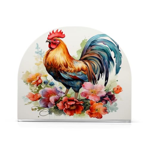Rooster and Flower Napkin Holder for Table Paper Napkins Holder Acrylic Tissue Dispenser Kitchen Dining Room Bathroom Party Car Decor (NH051 / 4.1x4.9x1.97in)