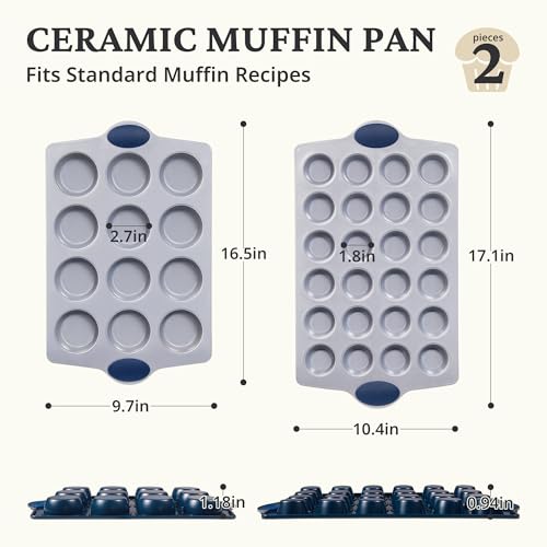 2 Pack 12 Cup and Mini 24 Cup Non Toxic Nonstick Ceramic Muffin Pan & Cupcake Tin (Blue / 12+24 Cup Muffin Pan (2 pack))