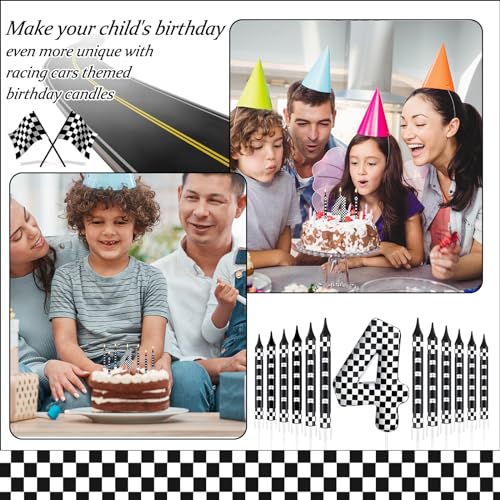 13 Pcs Racing Cars Themed Birthday Candles Black and White Race Number 4 Checkered Candle Cake Topper for Racing Car Party Decoration Supplies (Black+White / 4)