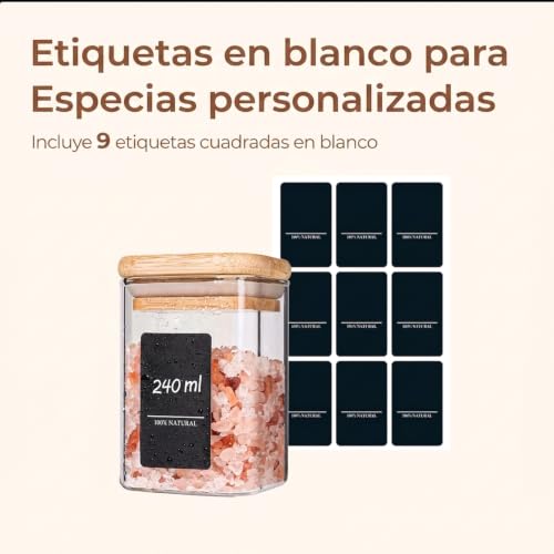 Square Glass Spice Jars with Labels 8 oz 6 Pack with Bamboo Lids (8 fl oz x 6 - Square)