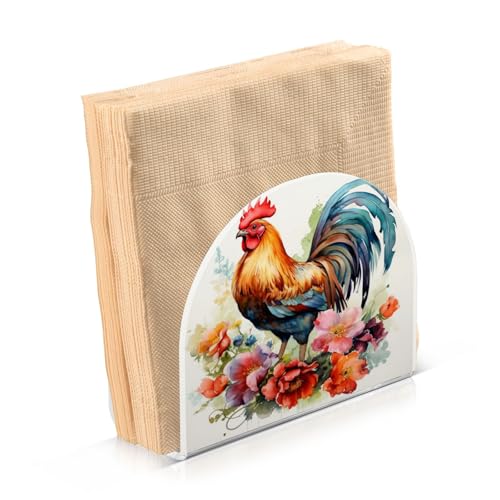 Rooster and Flower Napkin Holder for Table Paper Napkins Holder Acrylic Tissue Dispenser Kitchen Dining Room Bathroom Party Car Decor (NH051 / 4.1x4.9x1.97in)