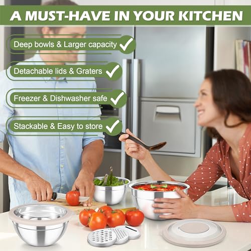 Mixing Bowls 3PCS Stainless Steel Serving Salad Bowls (Khaki / Transparent Airtight Lids)