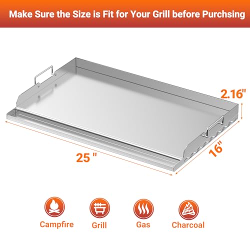 25x16 Inch Stainless Steel Griddle for BBQ and Flat Top Grill (25" x 16" x 2.2")