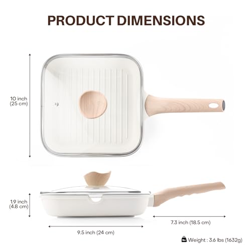 Nonstick Grilling Pan with Lid for Stove Tops (White / 9.5 Inch)