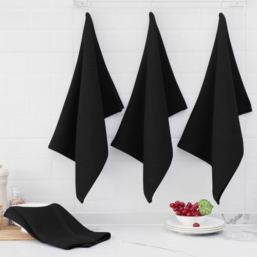 100% Cotton Oversized Waffle Weave Kitchen Towels 8 (Black / 20 X 28 - 8 Pack)