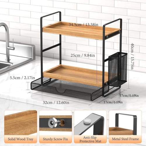 2 Tier Spice Rack Organizer for Countertop with Drawer and Basket (Brown)
