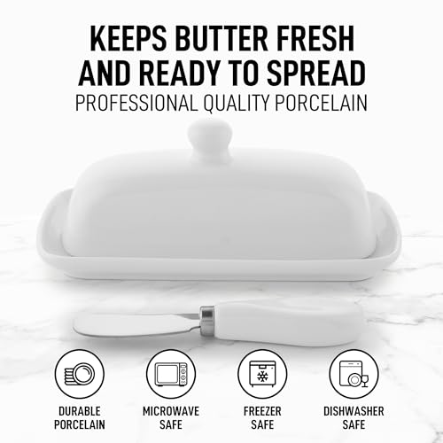 Ceramic Butter Dish with Lid For Countertop & Stainless Steel Knife (White)