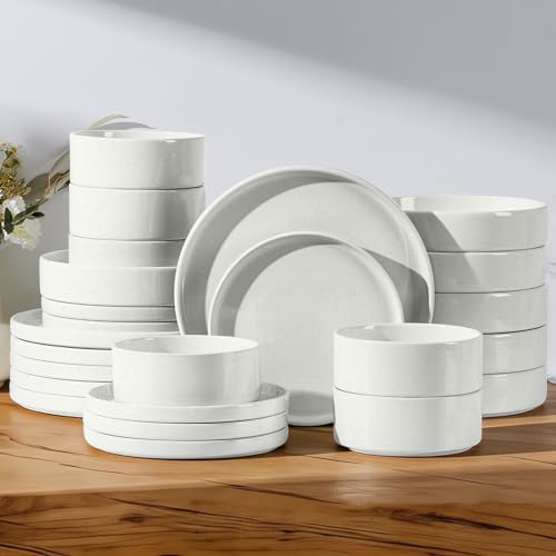 24 Piece Stoneware Dinnerware Sets with Pasta Bowls (Stone White / Bowls Type-24pcs for 6)