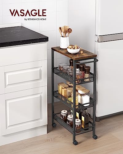 4 Tier Slim Rolling Storage cart with Wheels (Rustic Brown + Classic Black / 4 Tiers (8.7"D x 30.3"H))