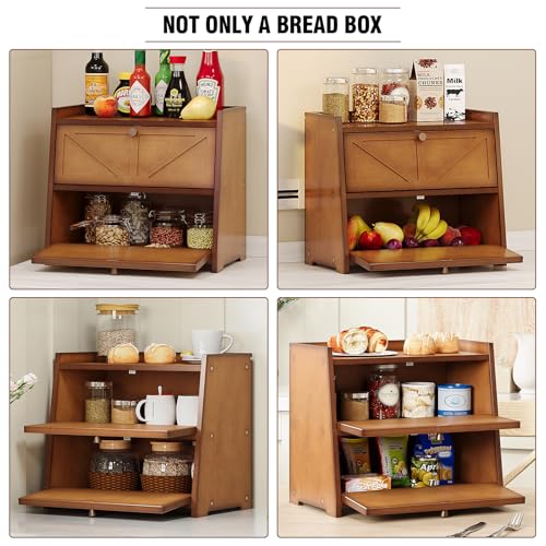 Vintage Double Layer Bread Box for Kitchen Counter Bamboo Bread Storage Container Large Capacity Bread Storage Bin (Antique Brown)