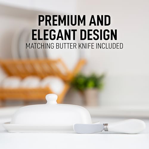 Ceramic Butter Dish with Lid For Countertop & Stainless Steel Knife (White)