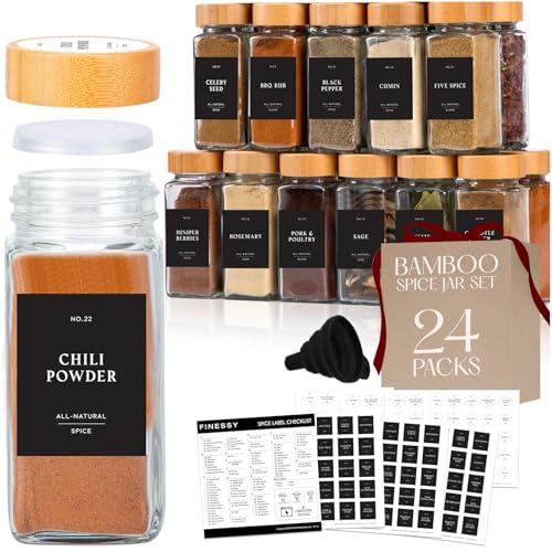 Thick, Empty, Square Glass Spice Jars With Bamboo Lids, 4oz 24 Pack