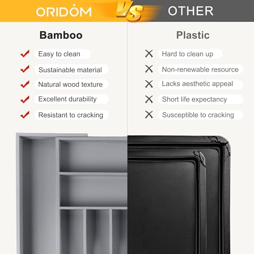 Large Premium Bamboo Silverware Organizer (9 Slots Expandable / Grey)