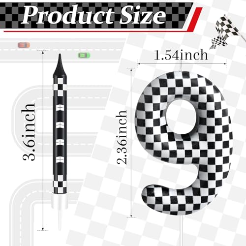 13 Pcs Racing Cars Themed Birthday Candles Black and White Race Number 9 Checkered Candle Cake Topper for Racing Car Party Decoration Supplies (Black+White / 9)