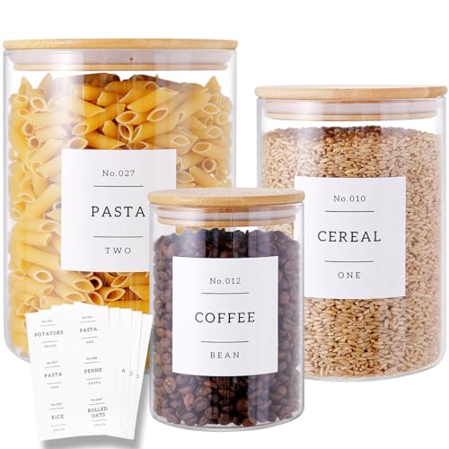 3 Pcs Glass Canisters with Airtight Bamboo Lids and 42 Kitchen Pantry Labels Preprinted (3 pack)